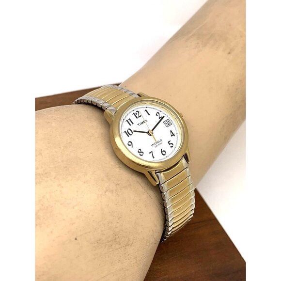 Timex Womens Watch T2H381 Indiglo Quartz Petite 2-Tone White Dial Expansion Band - Picture 5 of 14